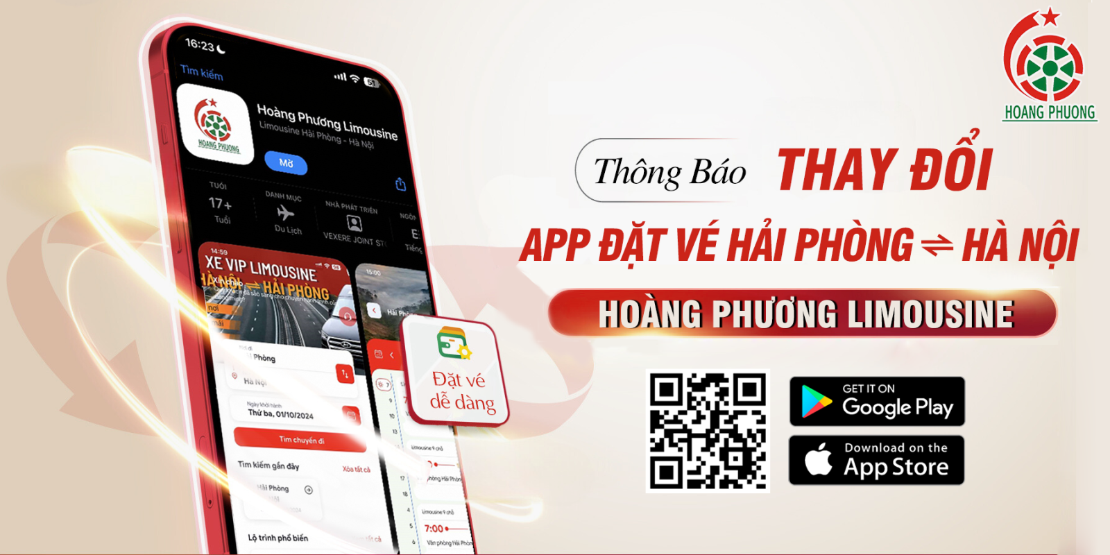 Tải app Hoàng Phương Limousine trên CH Play hoặc App Store